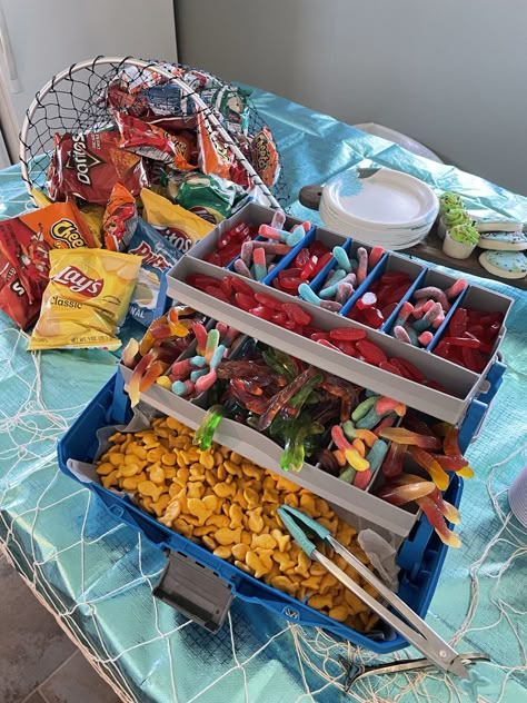 Fish Theme Party Decorations, Hunting And Fishing Themed Party, Gone Fishing Food Ideas, Fish Themed Birthday Party For Adults, Fishing Pool Party, Fishing Birthday Activities, 60th Birthday Fishing Theme, Ofishally One Party Food, Fisherman Party Ideas