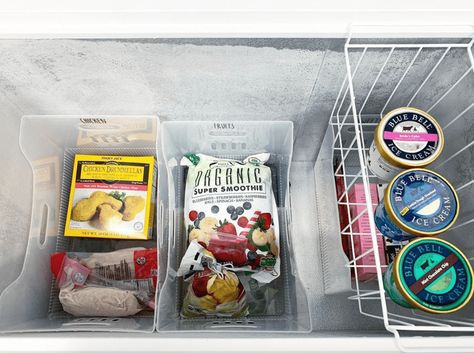 19 Tips to Keep Your Chest Freezer Organized — The Spruce Organizing Freezer Chest, Chest Freezer Storage, Deep Freezer Organization, Freezer Storage Bins, Deep Pantry Organization, Chest Freezer Organization, Deep Pantry, Blue Bell Ice Cream, Deep Freezer