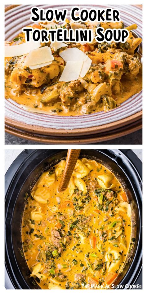 Slow Cooker Creamy Tortellini Soup, Slow Cooker Tortellini, Tortellini Soup Crockpot, Crockpot Italian Sausage, Sausage Crockpot Recipes, Slow Cooker Tortellini Soup, Italian Sausage Tortellini Soup, Creamy Tortellini, Slow Cooker Pasta Recipes