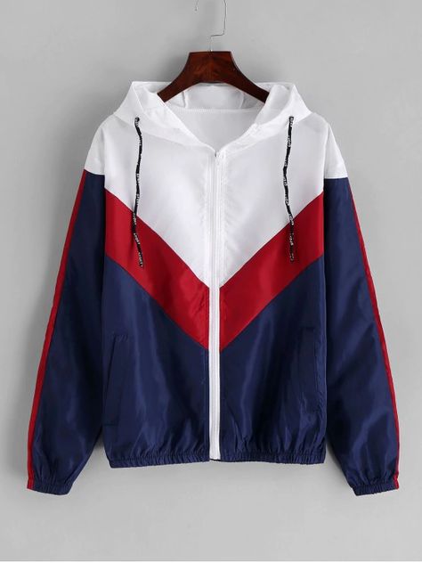 Zip Up Color Block Windbreaker Hooded Jacket - MULTI L Windbreaker Outfit, Cute Jackets, Fashion Materials, Cool Jackets, Zipper Jacket, Jacket Style, Hoodie Jacket, Jacket Tops, Nike Jacket