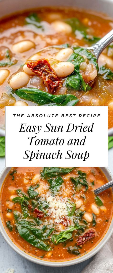 Image for Easy Sun Dried Tomato and Spinach Soup Sundried Tomato Soup Recipes, Sun Dried Tomato Soup Recipe, Spinach And Sun Dried Tomato Recipes, Soup With Sundried Tomatoes, Spinach In Soup, Recipes Using Sun Dried Tomatoes, Recipes With Sun Dried Tomatoes, Sundried Tomato Soup, Spinach Tomato Soup