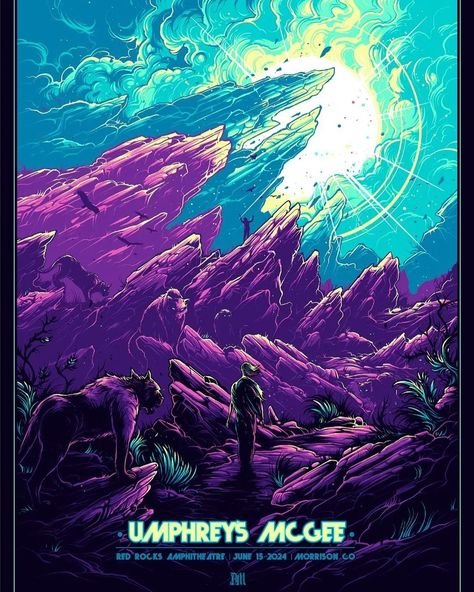 @umphreys_merch Red Rocks! We are excited to be back and excited to share this poster by @danmumforddraws We will have paper variants available at the show, and foil variants will be available only online soon. Link to follow. #umphreys #gigposter Hardcore Henry, Dan Mumford, The Dark Knight Trilogy, Red Rock Amphitheatre, Episode Vii, Dark Ink, Bojack Horseman, Grand Prairie, Red Rocks