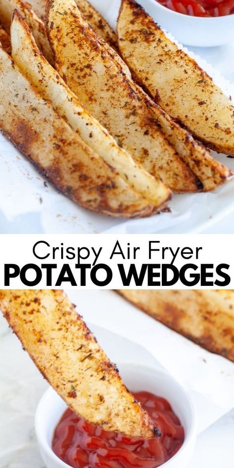 These air fryer potato wedges are crispy on the outside, tender on the insides and seasoned to perfection. Potato wedges are a delicious side dish or appetizer. #airfryerpotato Gold Potato Recipes, Air Fryer Potato Wedges, Air Fryer Recipes Meat, Homemade Potato Wedges, Air Fryer Potatoes, Air Fry Potatoes, Air Fryer Potato, Air Fryer Recipes Snacks, Potato Wedges Recipe