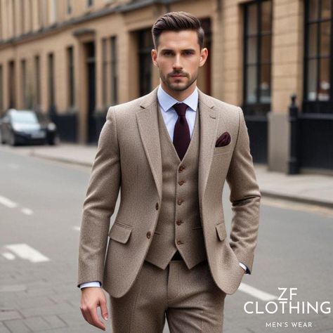 3 Piece Suits For Men Stylish, Beige Suit Men, Beige Tweed Suit, Groom Wedding Suit, Costume Beige, Suit Groom, Formal Fashion, Beige Suits, Stylish Suit