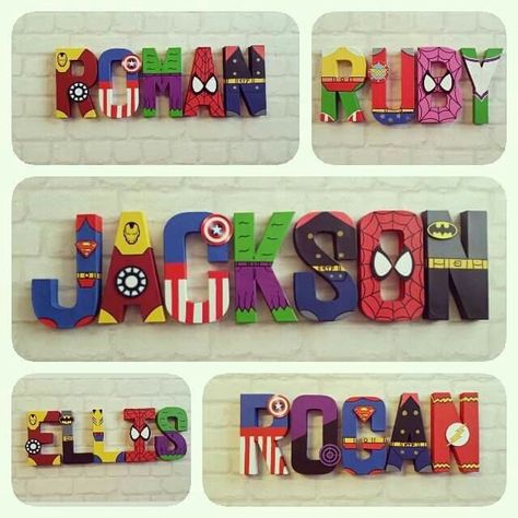 Superhero Letters Diy, Superhero Birthday Party Decorations, Superhero Letters, Batman Room, Marvel Birthday Party, Marvel Party, Superhero Nursery, Door Letters, Superhero Bedroom