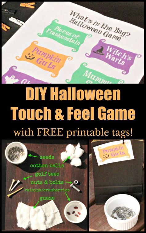 Halloween Touch and Feel party game "What's in the box?" -- easy to set up with FREE printable labels & fun ideas for what to put in each box or bag!  Great guessing game for classroom parties, Halloween activity or sensory/five senses activity too! #halloween #halloweengames #partygames #sensoryactivity Halloween Touch And Feel, Halloween Mystery Box Ideas, Five Senses Activity, Game For Classroom, Mystery Box Ideas, Senses Activity, Guessing Games For Kids, Feelings Games, Halloween School Treats