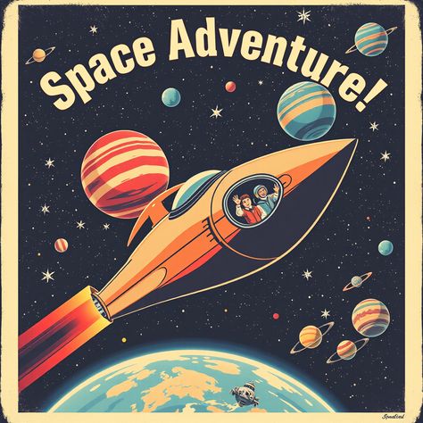 Retro Outer Space Adventure  #retro #space #adventure #art #poster Retro Space Posters, Space Posters, Third Space, Astronaut Illustration, Rocket Space, Retro Rocket, Rocket Launch, Retro Space, Space Adventure