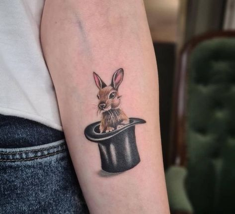 Cute Bunny Tattoo, Hat Tattoo, Bunny Tattoo, Bunny Tattoos, Magic Hat, Old Tattoos, Flowers Color, Boy Tattoos, Stick And Poke