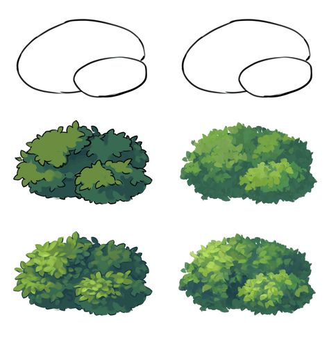 How To Draw Bushes Step By Step, Bush Drawing Tutorial, Bushes Illustration, Bushes Drawing, Bush Painting, Bush Drawing, Perspective Drawing Architecture, Concept Art Tutorial, Digital Painting Techniques