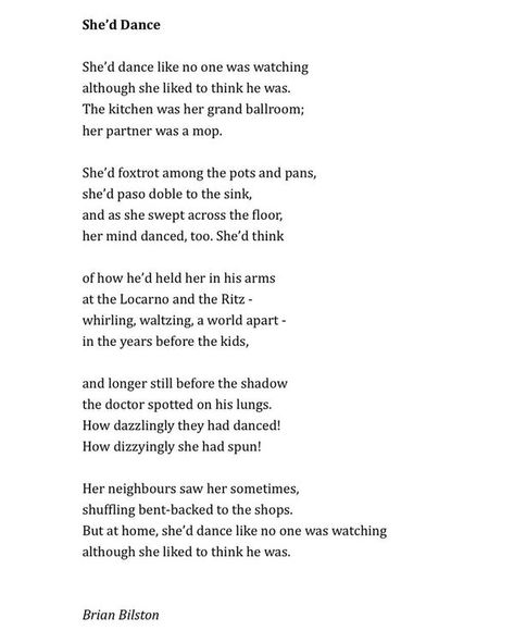 Brian Bilston - Today’s poem is called ‘She’d Dance’. Poems About Dancing, Dance Like No One Is Watching, Foxtrot, She Likes, Waltz, Call Her, Spot On, Dancing, Poetry