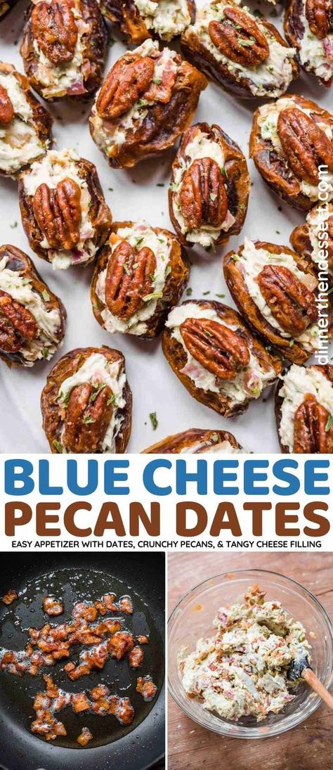 Blue Cheese Pecan Dates are an easy and impressive appetizer with candied pecans, crumbled blue cheese, pitted dates, and bacon. Rosemary Sizzled Salami Dates And Pecans, Things To Do With Blue Cheese, Blue Cheese Stuffed Dates Wrapped In Prosciutto, Dates And Cheese, Bacon Wrapped Dates With Blue Cheese, Baked Pears With Blue Cheese, Blue Cheese Recipes Appetizers, Cheese Olives Appetizer, Dates And Bacon