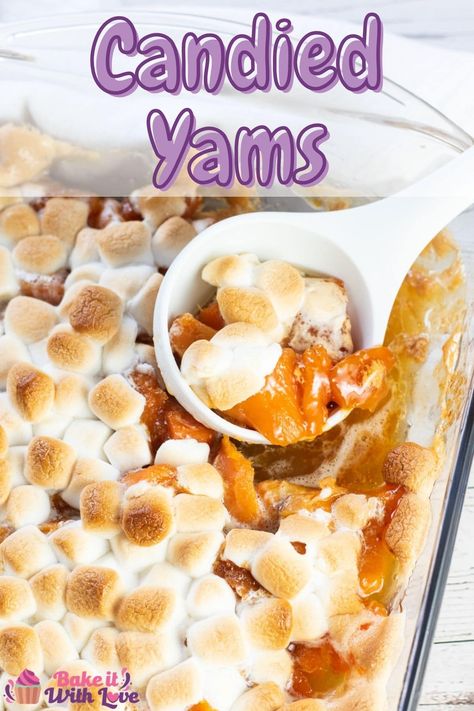 These easy candied yams are exactly how my family and I have been making this classic holiday favorite for decades - with marshmallows! Yams are baked with butter, brown sugar, and marshmallows to make a winning holiday side dish your family will love too! BakeItWithLove.com #bakeitwithlove #candiedyams #withmarshmallows #holidaysidedishes #Thanksgiving Easy Candied Yams, Canned Sweet Potato Recipes, Candied Yams With Marshmallows, Best Candied Yams Recipe, Yams With Marshmallows, Instant Pot Sweet Potato, Baked Candied Yams, Candied Yams Recipe, Sweet Potatoes With Marshmallows