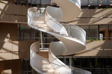 3XN wraps spiralling "innovation hub" around large atrium in Stockholm Staircase Atrium, 3xn Architecture, Sustainable Architecture Design, Innovation Hub, Steel Balustrade, Danish Architecture, Parametric Architecture, Concrete Home, Building Roof