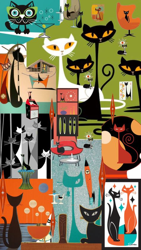 Vibrant pops of color mixed with cats will brighten your day. Spread joy. Mid Century Cat, Cats Love, Mid Century, Cars