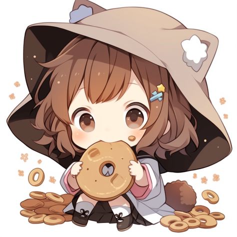 Eating Candy Drawing, Chibi Eating Pose, Anime Donut, Chibi Eating, Chibi Inspiration, Anime Eating, Donut Drawing, Candy Drawing, Donut Art