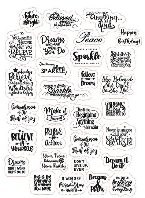 "You are buying 30 INSPIRATIONAL Stickers, Planner Stickers, Quote Stickers Use it for packaging, journal, notebook, bookmark, and any kind of gift that you want to express your love and caring. *Printed on Letter sized paper, there are 30pc on a sheet. *1 sheet * Size of each sticker Approx. 1-1.5\" height mostly Thank you for shopping." Stickers For Dairy, Sticker Ideas For Journal, Journal Stickers Drawing Ideas, Journal Stickers To Print, Black Journal Stickers Printable, English Quotes Stickers, Ready To Print Stickers, Quotes Aesthetic Design, Motivational Stickers Free Printable Inspirational Quotes