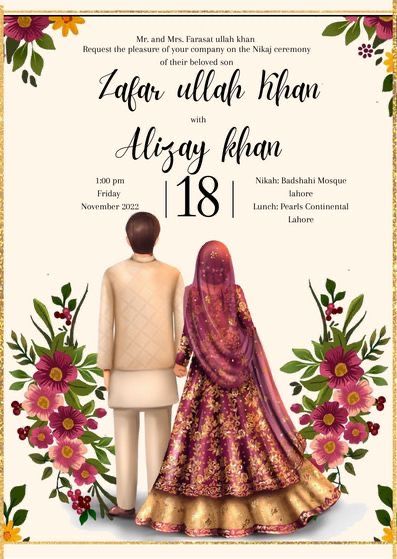 Nikkah Card Design, Nikah Card Design, Barat Cards Wedding Invitations, Barat Invitation Cards, Shadi Card Design Muslim, Nikahnama Template, Nikkah Cards Invitations, Nikah Illustration, Muslim Couple Illustration Wedding