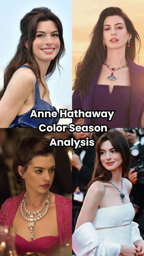 Ever wondered what Anne Hathaway's color season is? Discover why she's a Dark Winter and how it enhances her features. Anne Hathaway Best Looks, Anne Hathaway Color Season, Ann Hathaway Hair Color, Anne Hathaway Color Palette, Anne Hathaway Color Analysis, Dark Winter Color Analysis, Cool Winter Celebrities, The Idea Of You Anne Hathaway, Dark Winter Celebrities