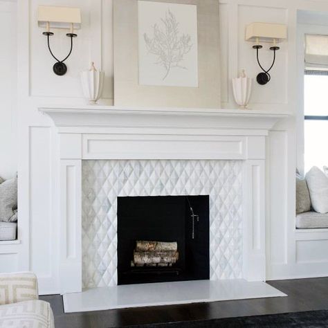 White Tiled Fireplaces Designs White Fireplace Mantels, Fireplace Tile Surround, White Fireplace, Farmhouse Fireplace, Traditional Fireplace, Fireplace Remodel, Home Fireplace, Fireplace Makeover, Modern Fireplace