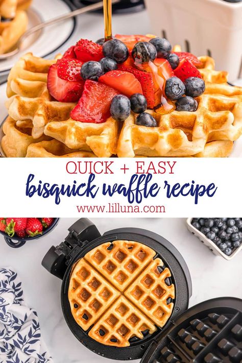 Quick and easy Bisquick Waffle Recipe uses a shortcut on a breakfast favorite, but doesn't skimp on flavor! #bisquickwaffles #bisquick #waffles #breakfast Waffles Bisquick Recipe, Waffles With Bisquick Recipes, Bisquick Belgian Waffle Recipe, Bisquick Waffles Best, Bisquick Breakfast Ideas, Waffle Recipe With Bisquick, Waffle Recipe Bisquick, Waffle Recipe For One Person, Waffles With Bisquick