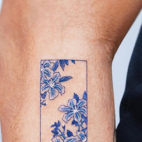 Rectangle Flower Tattoo, Flower In Rectangle Tattoo, Rectangle Tattoo Ideas, Rectangle Arm Tattoo, Japanese Rectangle Tattoo, Tattoo In A Rectangle, Rectangle Tattoo Design, Rectangle Tattoo, Blue Tattoo