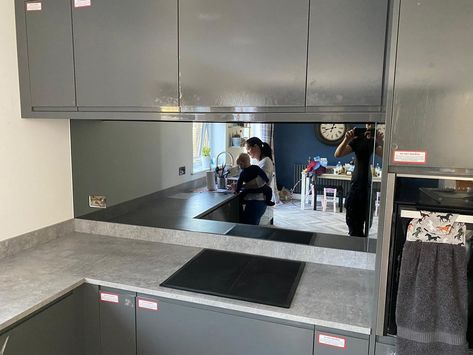 Royston Glass Splashbacks - Grey Mirror Glass Splashbacks – RoystonGlass Grey Mirror Splashback, Splash Back Ideas, Glass Splashbacks, Grey Mirror, Gray Mirror, Glass Splashback, Grey Kitchen, Kitchen Mirror, Mirror Glass