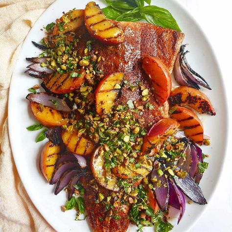 Grilled Salmon and Peaches with Basil-Pistachio Gremolata Pistachio Gremolata, Gremolata Recipe, Med Diet, Recipes For Summer, Salmon Fillet, Healthy Grilling Recipes, Healthy Grilling, Spice Rub, Grilled Salmon