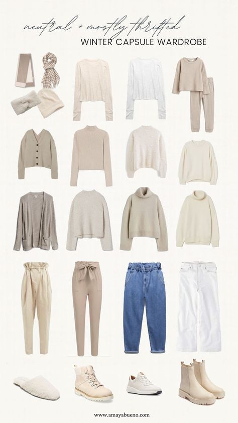 Sharing my 26 piece minimalist neutral winter capsule wardrobe. Lots of thrifted pieces, try on + outfit ideas! Minimal Stil, Minimalist Wardrobe Capsule, Minimalist Moda, Capsule Wardrobe Casual, Capsule Wardrobe Women, Minimalistic Outfits, Neutral Capsule Wardrobe, Minimalist Winter, Classic Capsule Wardrobe