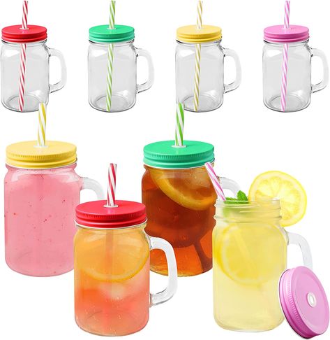 8 Pack 16 oz Mason Jar Mugs with Handles Lids and Straws, Wide Mouth Clear Drinking Glass Bottle Set with Colored Metal Lids, Old Fashioned Decorative Tumbler Cups Smoothies Juicing Cups Mason Jar Drinking Glasses, Green Mason Jars, Mason Jars With Handles, Mason Jar Drinks, Mason Jar Mugs, Clear Glass Tumbler, Mason Jar Cups, Drinking Jars, Clear Tumblers