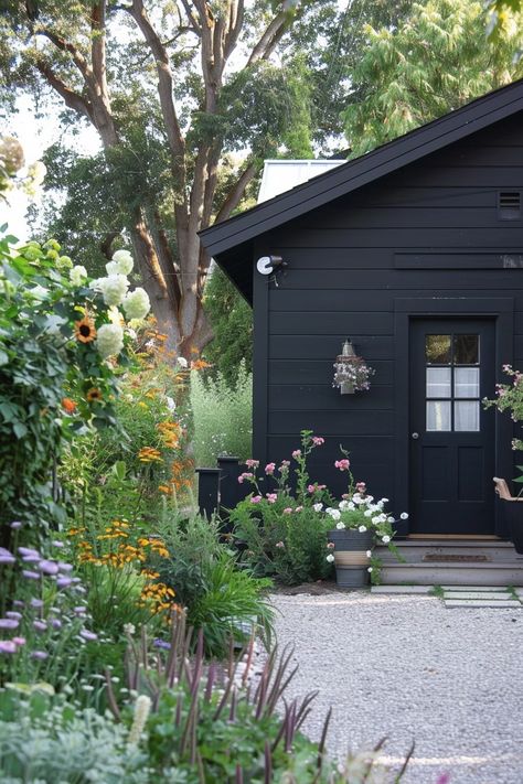 Black Cottage Exterior, Colourful House Exterior, Black Exteriors, Black Home Exterior, Home Exterior Ideas, Farmhouse Backyard, Sauna House, Black Houses, Bold Aesthetic