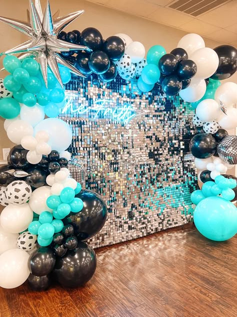 18th Birthday Party Ideas Cow Theme, Space Cowgirl Sweet 16 Party, Cowgirl 15 Birthday Party, Rhinestone Cowgirl Decor, Space Cowgirl Backdrop, Disco Cowgirl Party Blue, Black Cowgirl Party, Teal Cowgirl Birthday Party, Teal And Cow Print Birthday