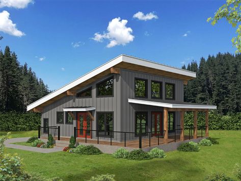 062H-0442: Modern Vacation House Plan with Loft; 1192 sf, front view Shipment Container, Sloped Roof, House Plan With Loft, Modern Lake House, Container Cabin, Modern Mountain Home, Mountain House Plans, Lake House Plans, Modern Style House Plans