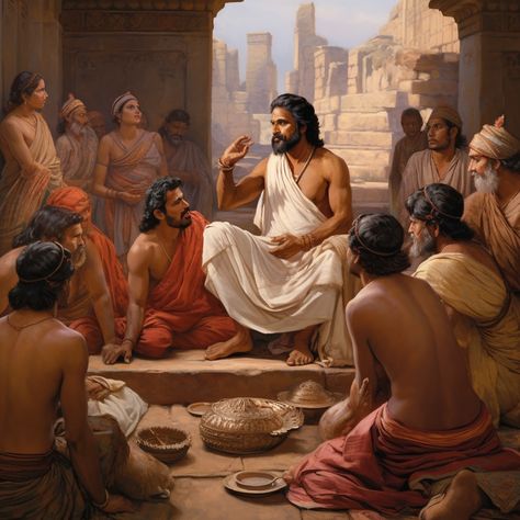 Indian Brahmin teaching lower caste people in ancient India Ancient Indian Culture, Brahmin Aesthetic, Hinduism Art Illustrations, Hinduism Art Spirituality, Ancient India Aesthetic, Indian Gods Painting, Indian Culture Illustration, Indian Fantasy Art, Indian Ancient Art