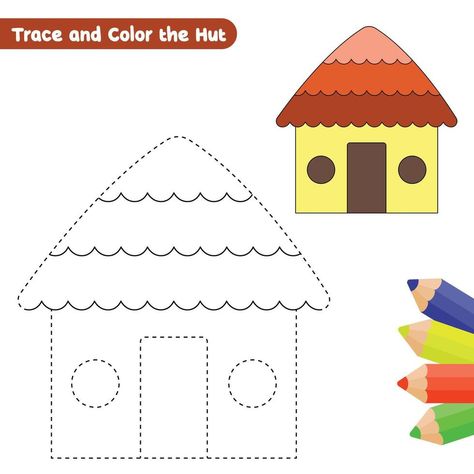 Trace And Draw Worksheets, Hut Drawing, Colorful Drawing, Tracing Worksheets Preschool, Worksheets Preschool, Tracing Worksheets, Cityscape Photos, Logo Banners, Preschool Worksheets