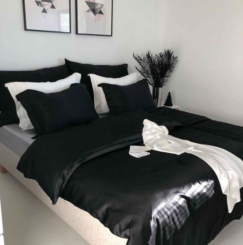 Best Black Silk Sheets for a Wonderfully Chic Night of Sleep. - The Mood Guide Black Silk Sheets Bedroom, All Black Bedding Ideas, White Bedframe Black Bedding, White Bed With Black Sheets, White Sheets Black Comforter, Black Bedding White Room, Black Bedroom Sheets, Black Silk Comforter, Bedroom Decor With Black Comforter