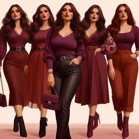 Wardrobe capsule: Maroon, purple & Brown #sincreations #wardrobecapsule Brown And Burgundy Outfit, Maroon Outfits, Chubby Outfit Ideas, Outfits For Plus Size Women, Outfits Lookbook, Chick Outfit, Wine Outfit, Curvy Casual Outfits, Maroon Outfit