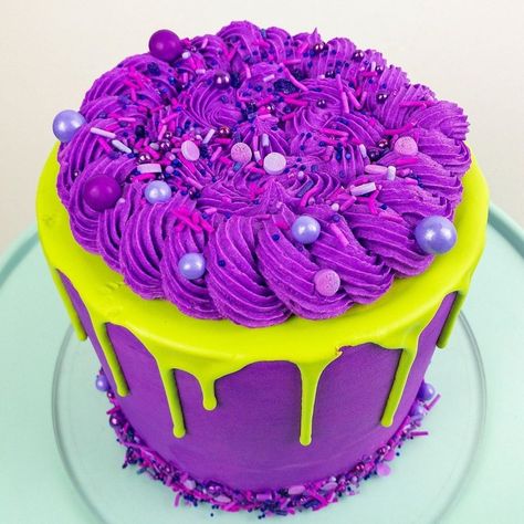 Neon Green Cake, Monster Birthday Cakes, Purple Cakes, Green Cake, Meringue Buttercream, Layered Cake, Swiss Meringue Buttercream, Swiss Meringue, Monster Birthday