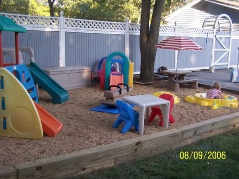 Backyard - Play Area - Good idea to keep the dogs out of the area, and don't have to worry about cleaning it up for the kids to play. Description from pinterest.com. I searched for this on bing.com/images Play Area Ideas, Natural Playground Ideas, Outdoor Kids Play Area, Toddler Play Area, Play Area Backyard, Outdoor Play Spaces, Backyard Kids Play Area, Toddler Outdoor, Playground Ideas