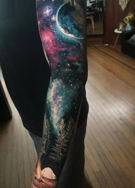 Sleeve Guide, Galaxy Tattoo Sleeve, Arm Cover Up Tattoos, Space Tattoo Sleeve, Outer Space Tattoos, Mangas Tattoo, Sky Tattoos, Ufo Tattoo, Sleeve Tattoos For Men