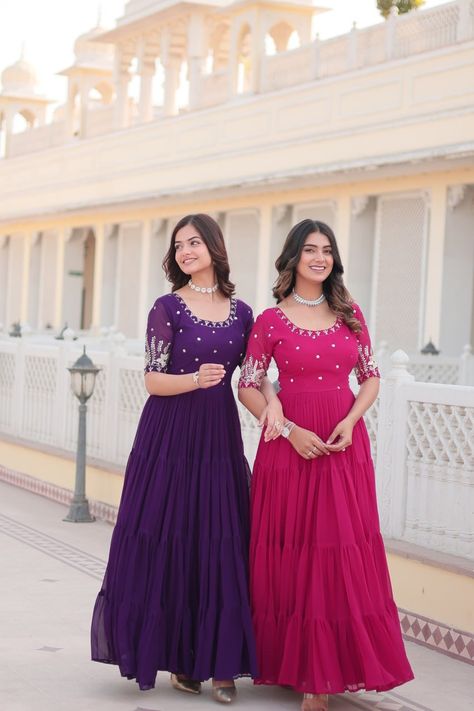 Anamika Vol 32 Blooming Embroidered Party Wear Gown Collection Flare Long Gown, Purple Anarkali, डिजाइनर कपड़े, Gown With Dupatta, Fabric Work, Indian Wedding Outfit, Designer Gown, Party Wear Gown, Anarkali Gown