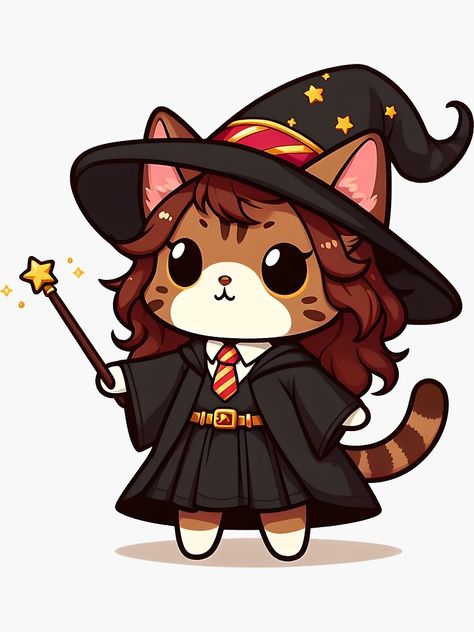 Cute Hermione Granger Harry Potter inspired cat with a wand and wizard hat Harry Potter Aesthetic Hermione, Harry Potter Cute Drawings, Harry Potter Cats, Harry Potter Dibujos, Cat Harry Potter, Hermione Granger Drawing, Monster Encyclopedia, Hermione's Cat, Harry Potter Kawaii