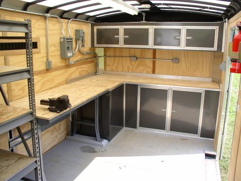 Enclosed Work Trailer Ideas, Tool Trailer Ideas, Enclosed Work Trailer Organization Ideas, Enclosed Trailer Shop Ideas, Work Trailer Organization Ideas, Contractor Trailer Organization, Cargo Trailer Shelving Ideas, Cargo Trailer Tool Storage Ideas, Enclosed Trailer Ideas