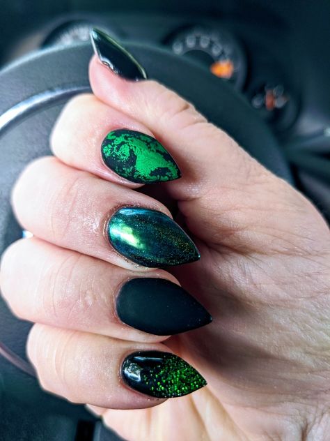 Wicked Nails Designs, Elphaba Nails Wicked, Wicked Themed Nails, Wicked Witch Nails, Wicked Nail Art, Wicked Nail Designs, Elfaba Wicked Nails, Wicked Movie Inspired Nails, Wicked Inspired Nails