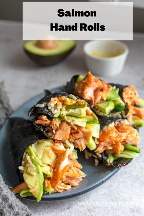 Salmon Hand Rolls Salmon Rolls Baked, Baked Salmon Roll, Salmon Hand Roll, Hand Roll Recipe, Brie Spaghetti, Salmon Rolls, Salmon Sushi Rolls, Sailor Bailey, Baked Teriyaki Salmon