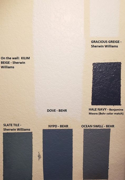 Dove - Behr, Gracious Greige - SW, Hale Navy - BM, Slate tile - SW, NYPD - Behr, Ocean Swell - Behr. Behr Ocean Swell, Behr Nypd, Sw Hale Navy, Gracious Greige, Tile Bedroom, Picking Paint Colors, Hale Navy, Behr Paint, Slate Tile