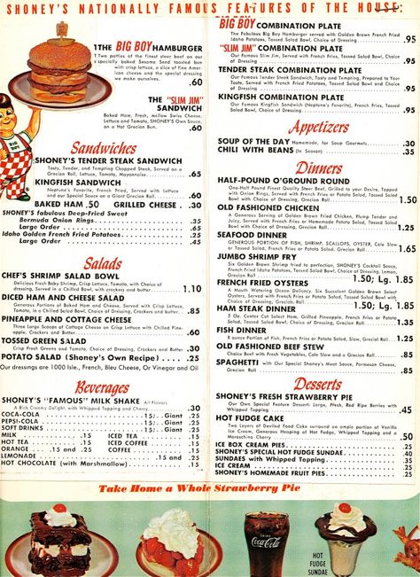 menu from Shoney's Big Boy on Morehead,Charlotte, NC , early or mid 60's Shoneys Big Boy, Taco Bell Menu, Big Boy Restaurants, Menu Vintage, Diner Menu, 50s Diner, Independence Mo, Vintage Diner, Diner Recipes