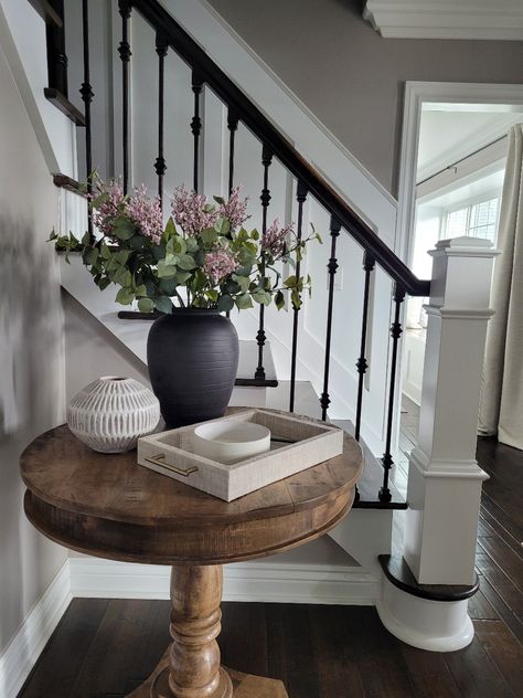 Umbrella Stand Side Table, Entryway Round Table, Spring Entryway Decor, Foyer Table Decor, Spring Entryway, Round Foyer Table, Rustic Benches, Round Entry Table, Table Dress