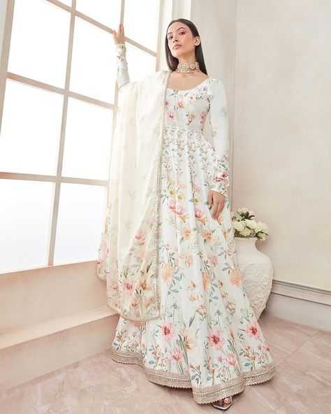 Floral Anarkali, Printed Anarkali, Shades Of Peach, Designer Anarkali, Anarkali Suits, Anarkali Dress, Satin Color, Kurta Designs, Kurta Set