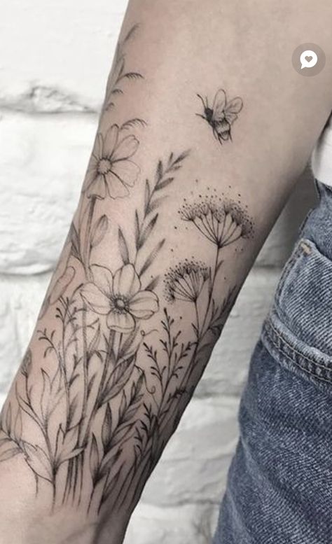 Tattoo Ideas Sleeve Unique, Forearm Flower Tattoo Sleeve, Organic Sleeve Tattoo, Farm Tattoo Sleeve, Wildflower Arm Sleeve Tattoo, Wraparound Floral Tattoo, Wildflower Meadow Tattoo, Lower Arm Flower Tattoos For Women, Wild Flower Wrap Around Tattoo