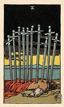 Ten of Swords Tarot Card Meaning | Tarot.com Wildwood Tarot, King Of Swords, All Tarot Cards, Rider Waite Tarot Decks, Rider Waite Deck, Tarot Significado, 78 Tarot Cards, Swords Tarot, Illustration Tattoo